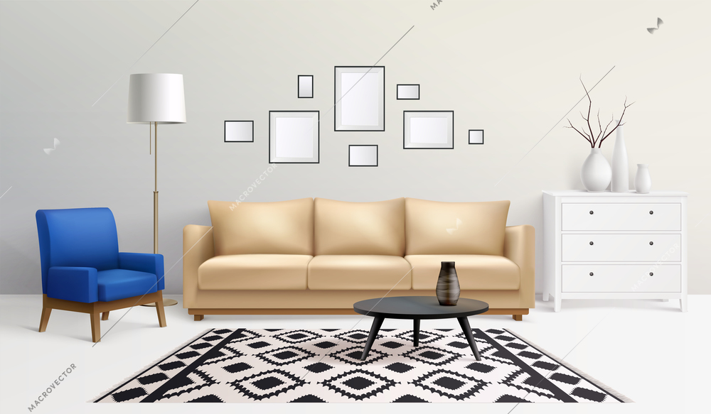 Interior realistic composition with living room scenery and pieces of designer furnitire with sofa and chair vector illustration