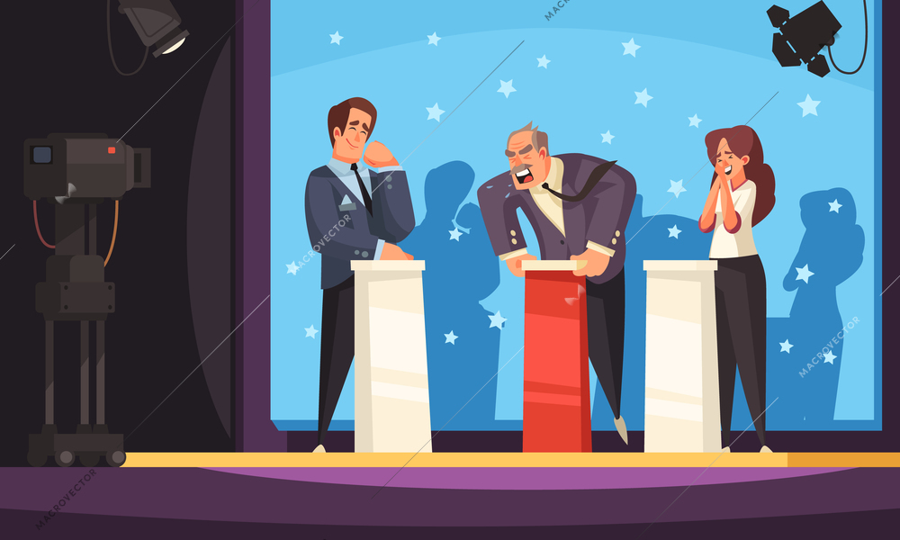 Political talk show colored background with opponents standing behind tribunes before television cameras vector illustration