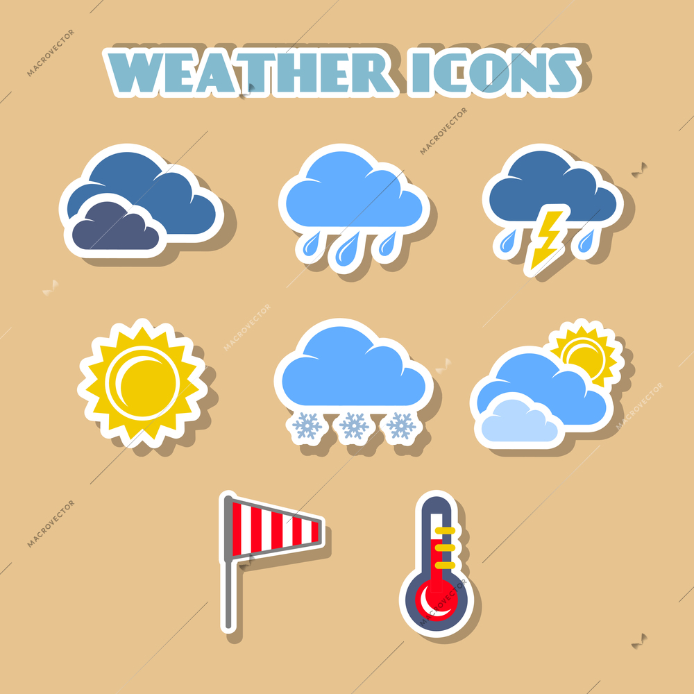 Weather icons set, color stickers isolated vector illustration