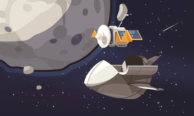 Universe exploration cartoon background with space ship and satellite flying in orbit around surveyed planet vector illustration