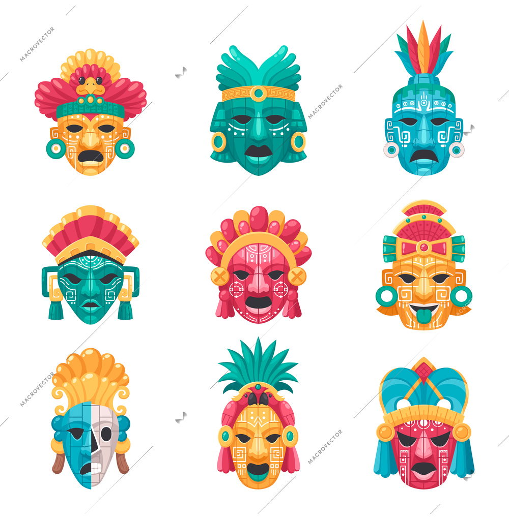 Maya civilization cartoon icons set with tradtional masks and accessories isolated vector illustration