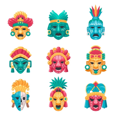 Maya civilization cartoon icons set with tradtional masks and accessories isolated vector illustration