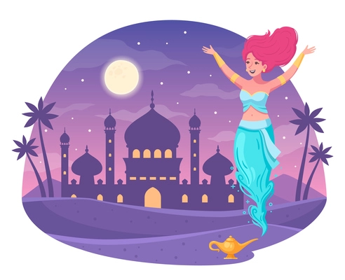 Arabic night concept with magical genie symbols cartoon vector illustration