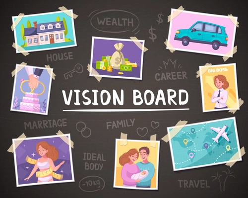 Vision board cartoon background with wealth and family symbols vector illustration