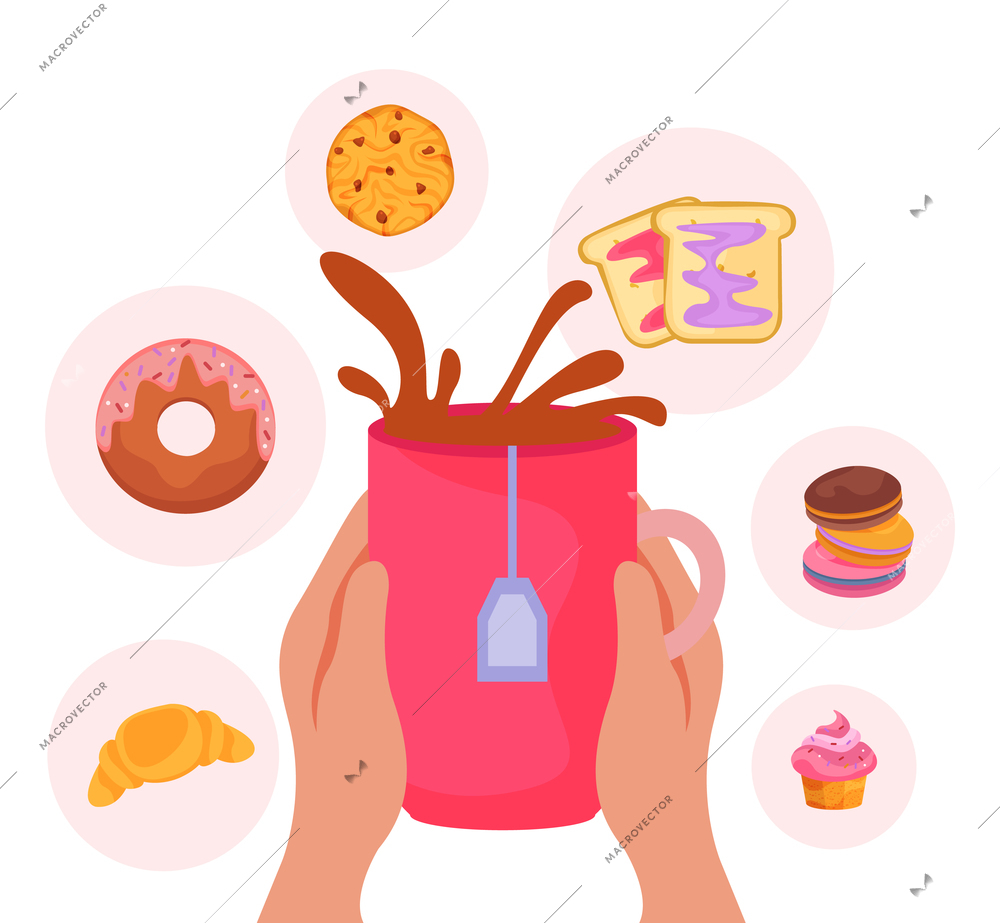 Tea time flat composition with human hands holding teacup and round icons of sweet lunch snacks vector illustration