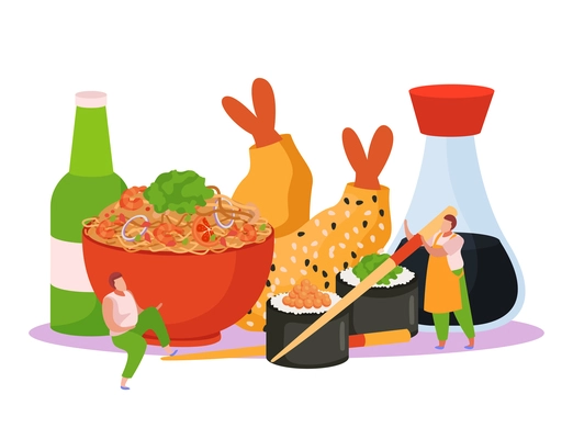 Wok box flat background composition with view of fastfood combo menu items noodles sushi and beer vector illustration