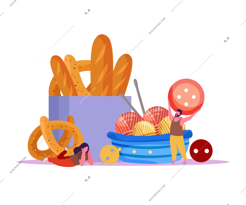 Knitting flat background with balls of yarn threads with buttons bakery food and small human characters vector illustration