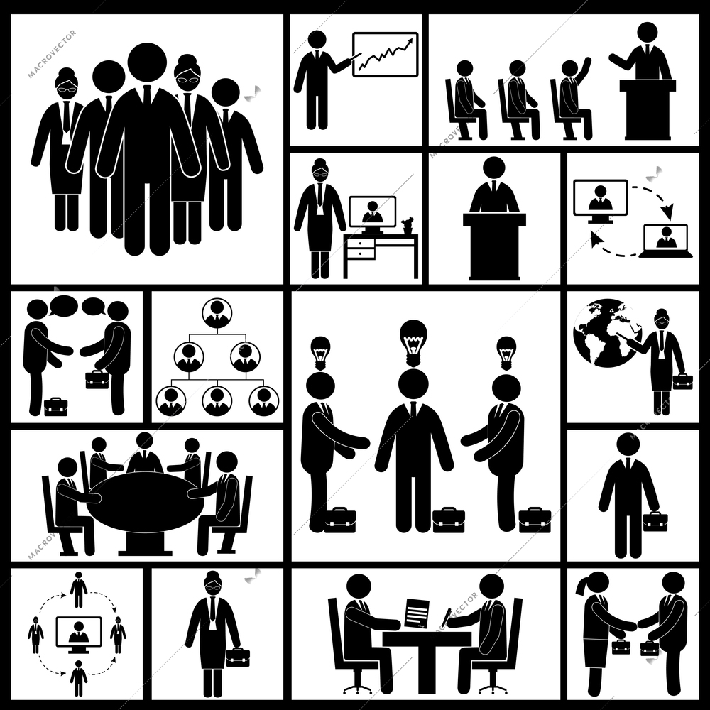 Business meeting teamwork group work black icons set isolated vector illustration