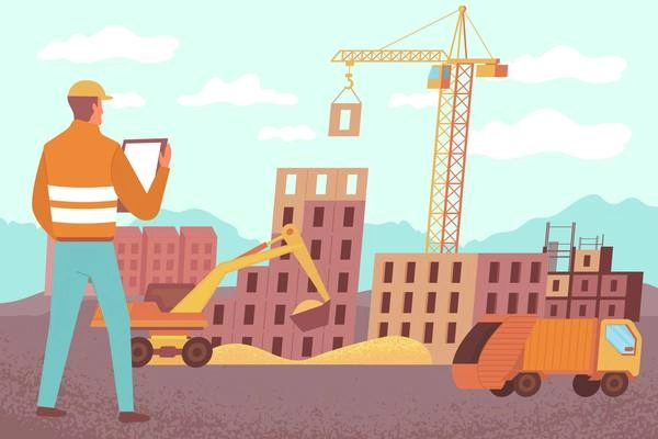 Home construction truck crane flat composition with houses on construction site with crane truck and excavator vector illustration