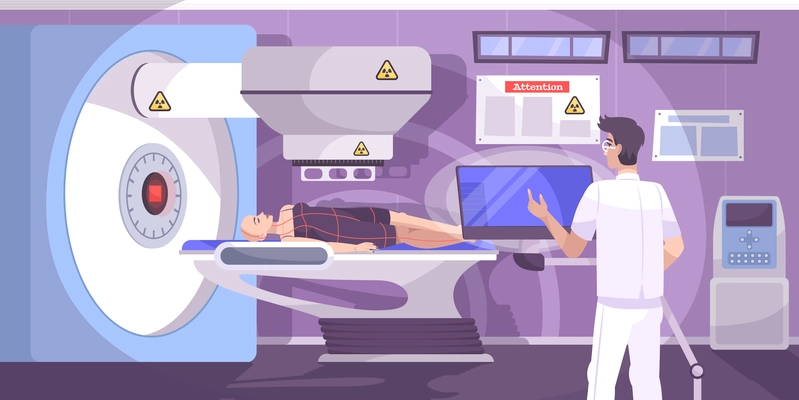Oncology technician administers radiation therapy radiotherapy treatment to female bald cancer patient horizontal flat composition vector illustration