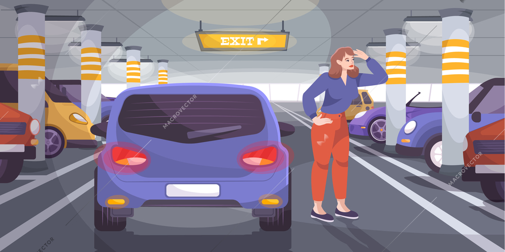 Underground parking flat composition with doodle character of driver looking for free slot among parked cars vector illustration