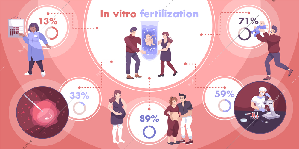 In vitro fertilization infographics with percentage graph captions and flat human characters of parents and scientists vector illustration