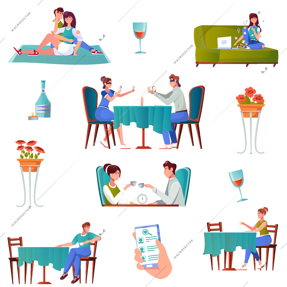 Date set of flat icons with characters of loving couple with images of drinks and flowers vector illustration