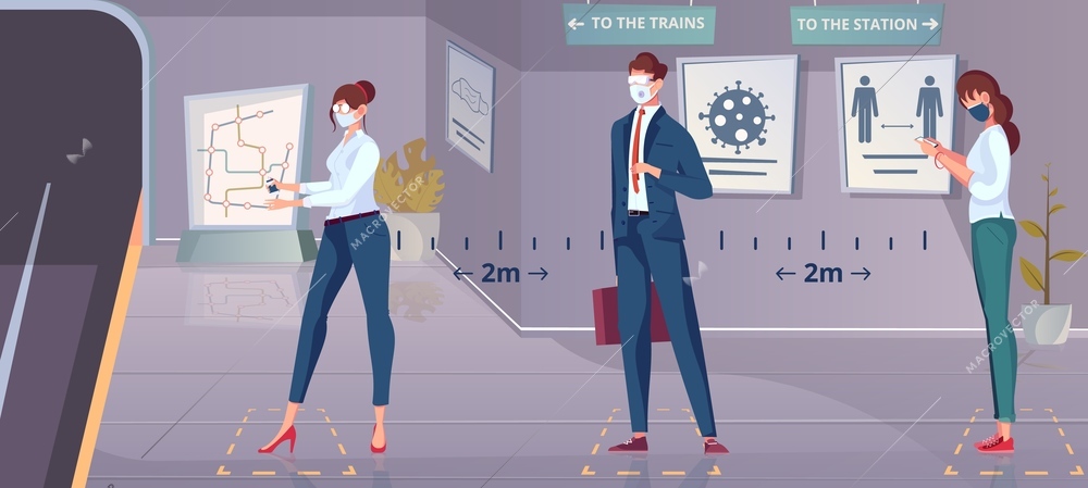 Social distance in metro flat composition with view of underground platform and people waiting for train vector illustration