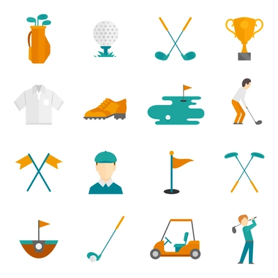 Golf game equipment and player flat icons set isolated vector illustration