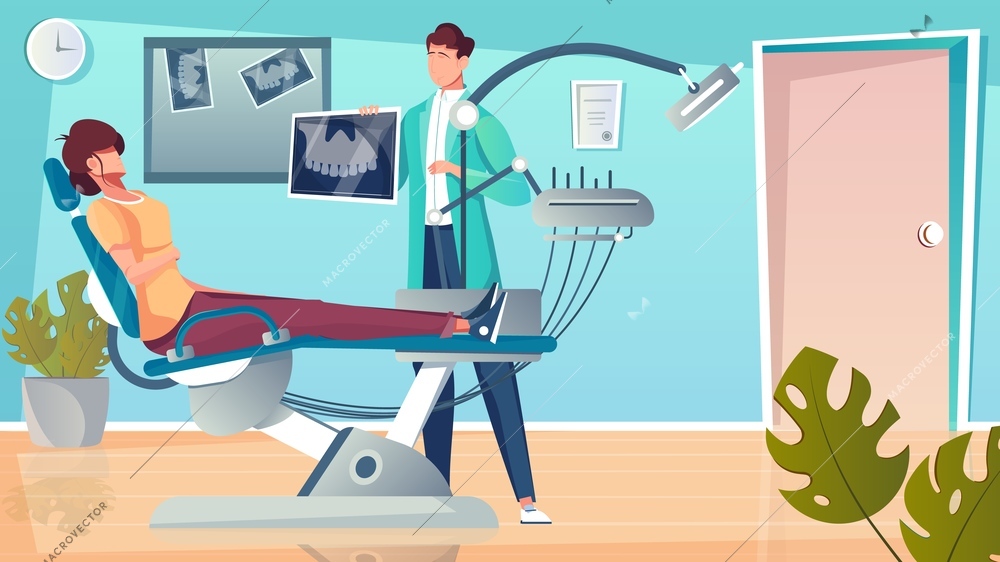 X-ray jaw flat composition with indoor scenery and patient on dental chair with dentist character vector illustration