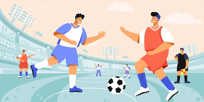 Football stadium player composition with open air soccer arena landscape and doodle characters of playing teams vector illustration