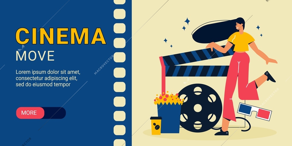 Cinema horizontal banner with editable text slider more button and images of reel popcorn and woman vector illustration
