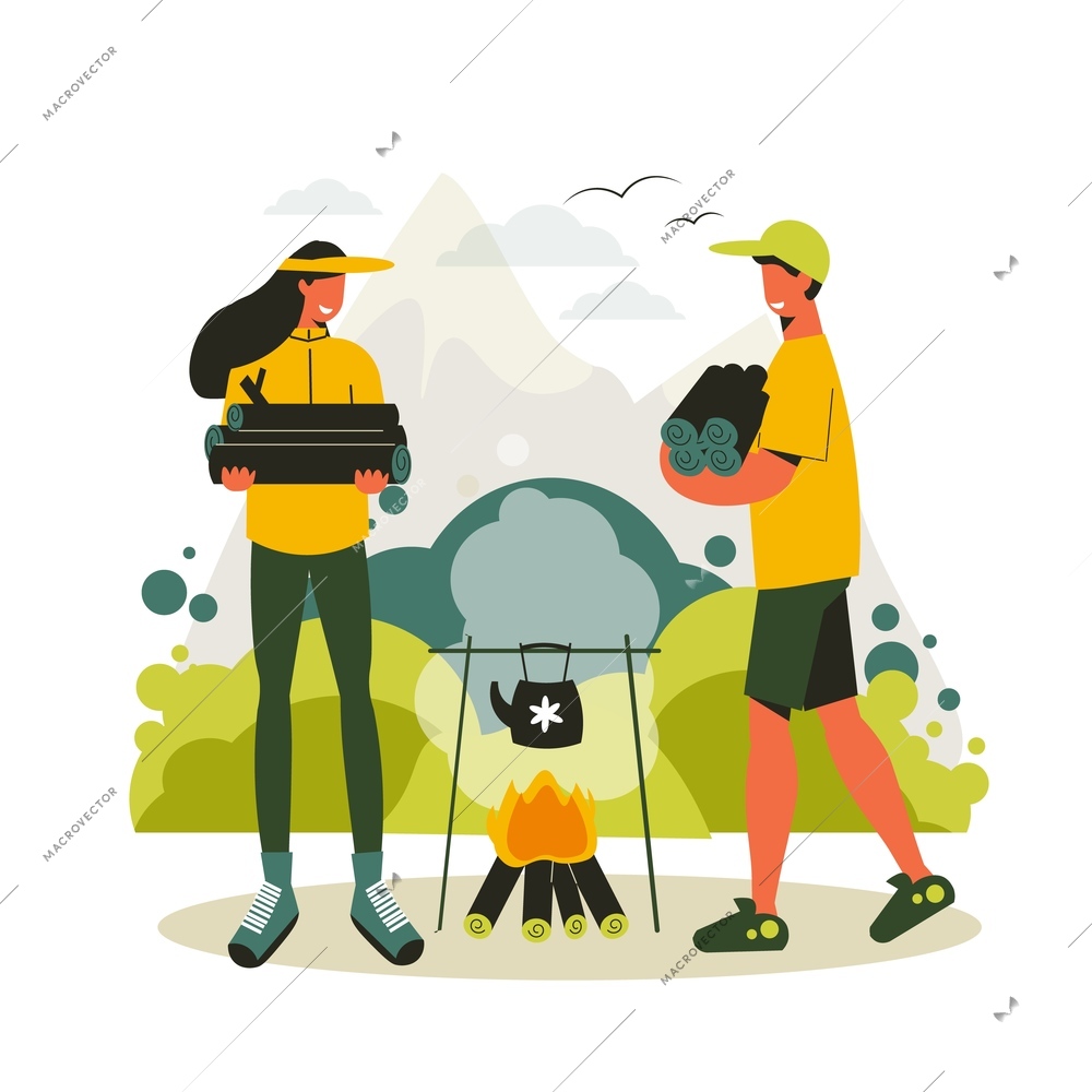 Hiking composition with two smiling people cooking over open fire in forest flat vector illustration