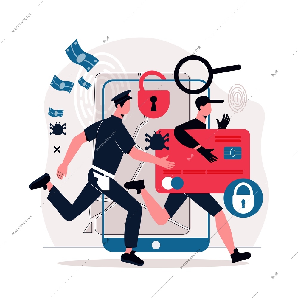 Police officer chasing after hacker holding credit card flat vector illustration