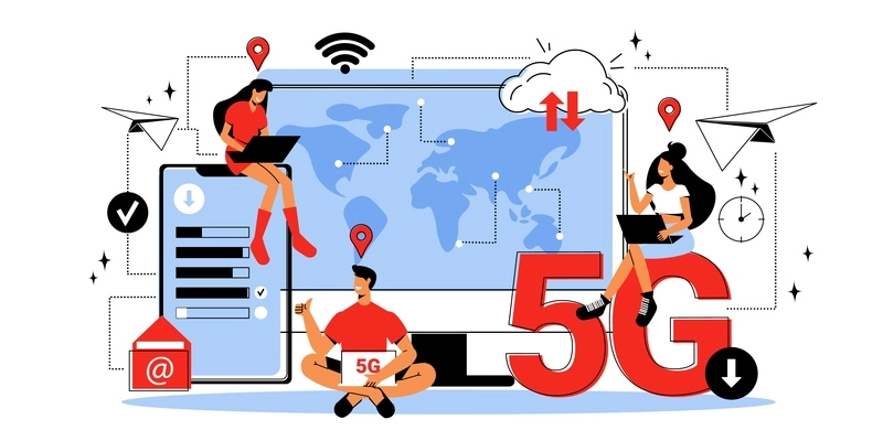 People from different countries using 5g wireless internet flat vector illustration