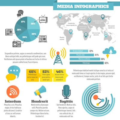 Broadcasting media social news infographics with flat color icons vector illustration