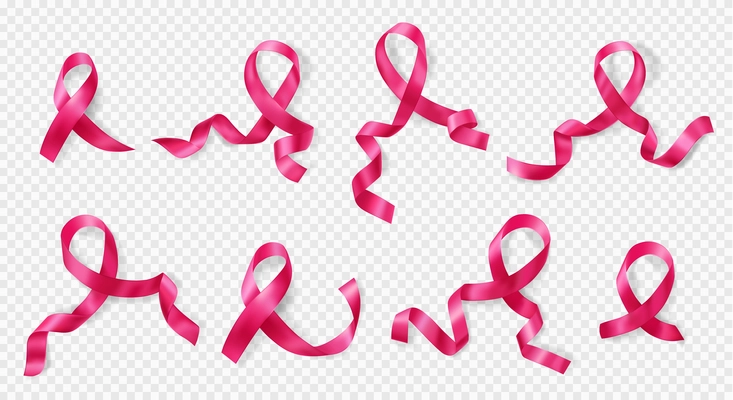 Pink ribbon breast cancer awareness symbol varieties 8 realistic images set transparent background vector illustration