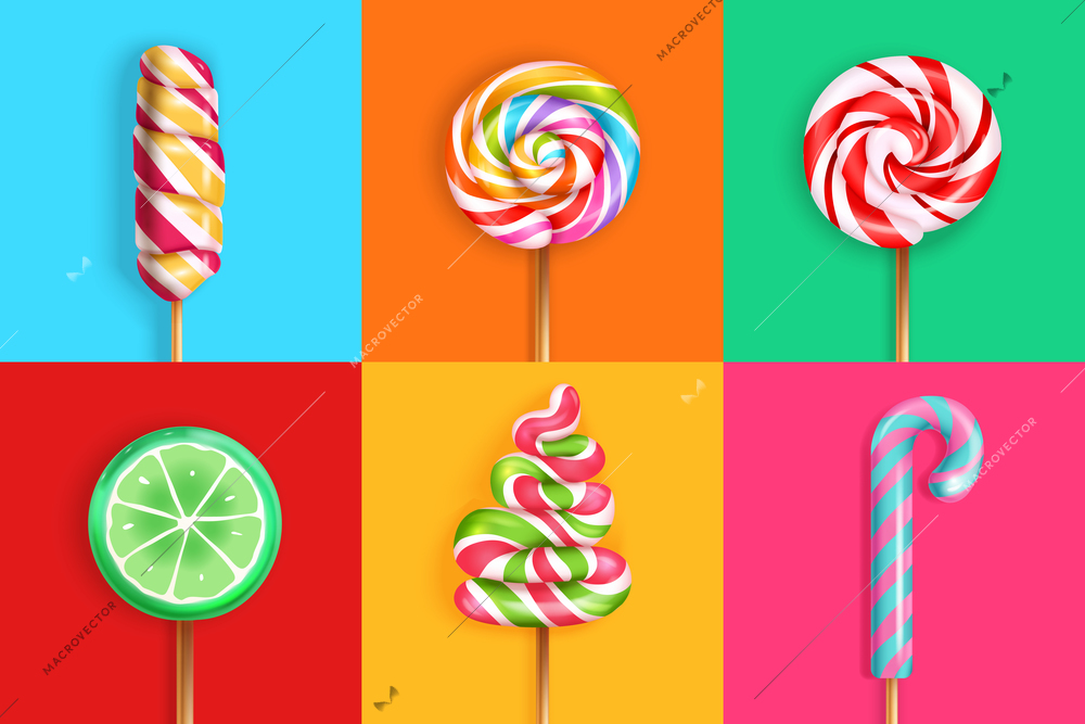 Lollipop candy concept 6 bright realistic background images with spiral rainbow striped cane lime slice vector illustration