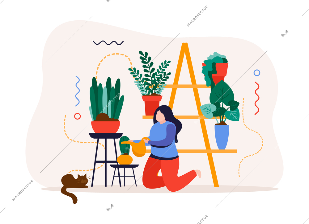 Home garden background with houseplants and house decoration flat vector illustration