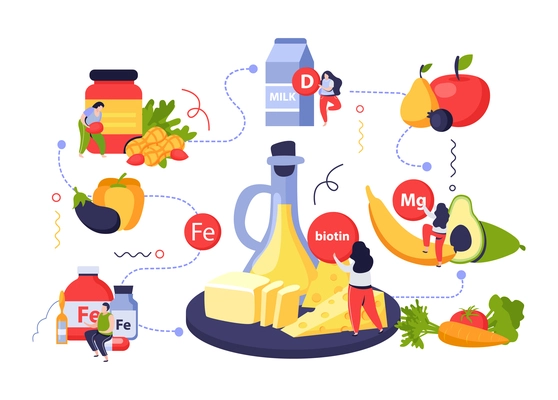 Vitamins in products composition with pills vegetables and fruit flat vector illustration