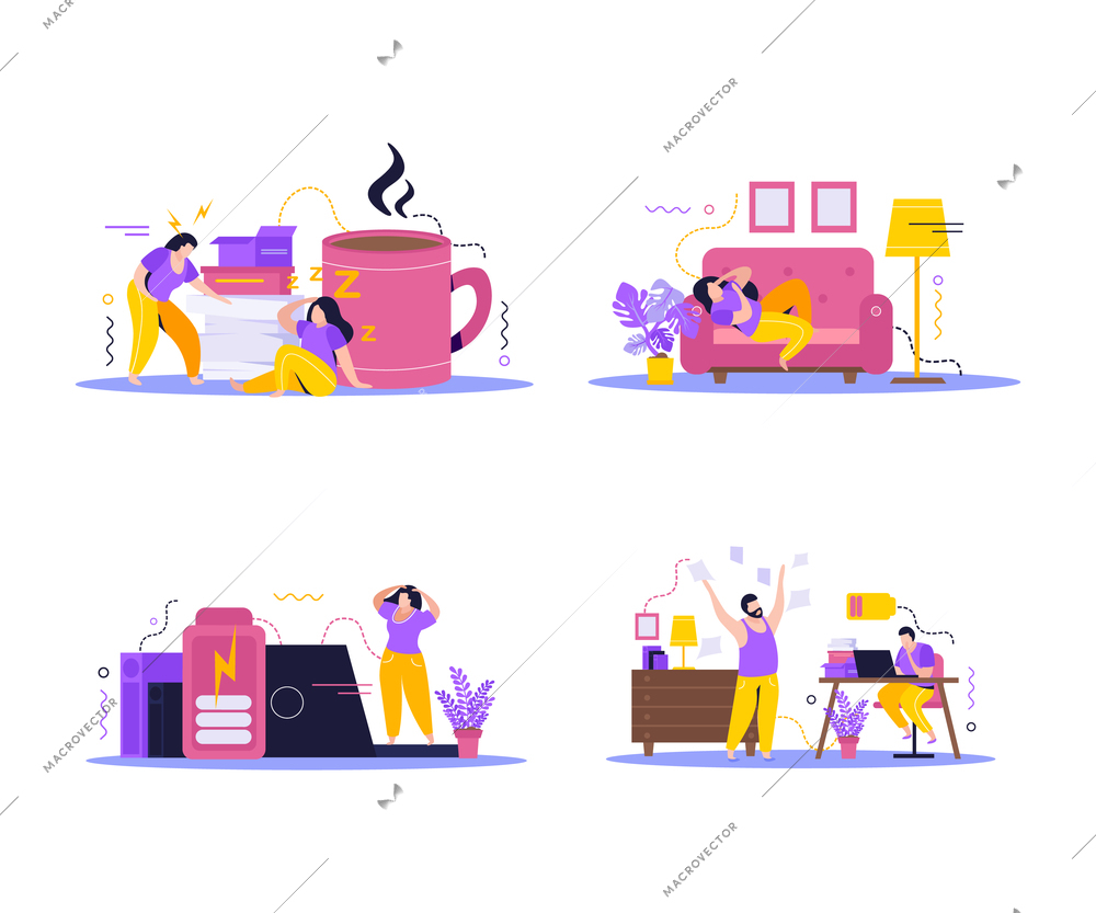 Low energy people concept icons set with energy problem symbols flat isolated vector illustration