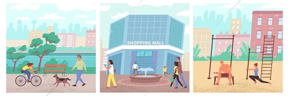 Citizens flat vector illustrations of people walking in park going in mall for purchases or performing physical exercises outdoors