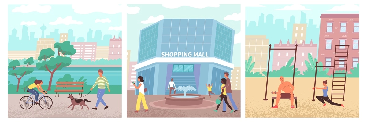 Citizens flat vector illustrations of people walking in park going in mall for purchases or performing physical exercises outdoors