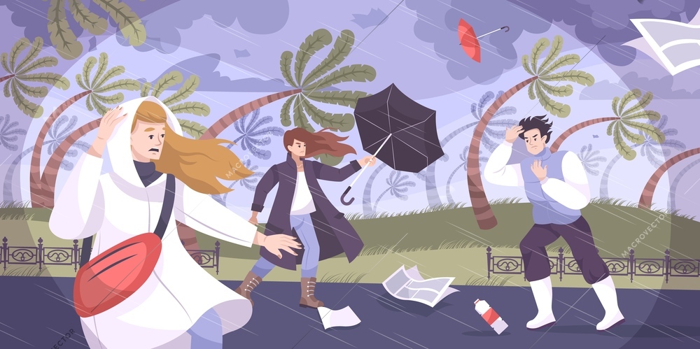 Weather hurricane flat composition with outdoor tropical landscape with palms blown by wind and human characters vector illustration