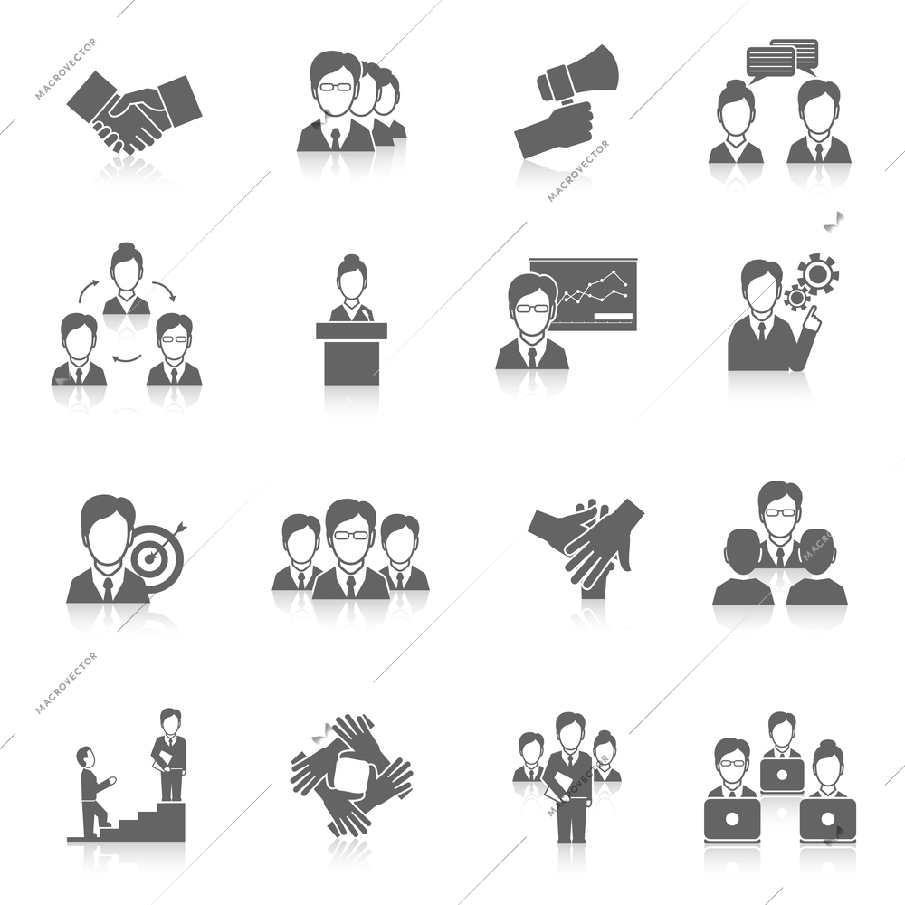 Teamwork corporate organization business strategy black icons set isolated vector illustration