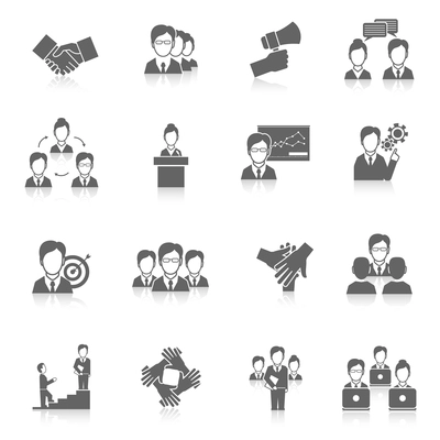 Teamwork corporate organization business strategy black icons set isolated vector illustration