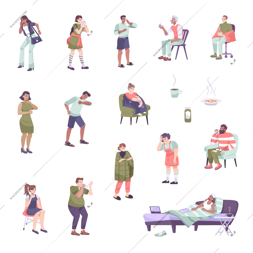 Colds symptoms set with flat icons and isolated characters of sick people suffering from chest cold vector illustration