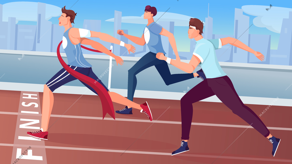 Winner finish flat composition with view of outdoor race track with cityscape and running athlete characters vector illustration