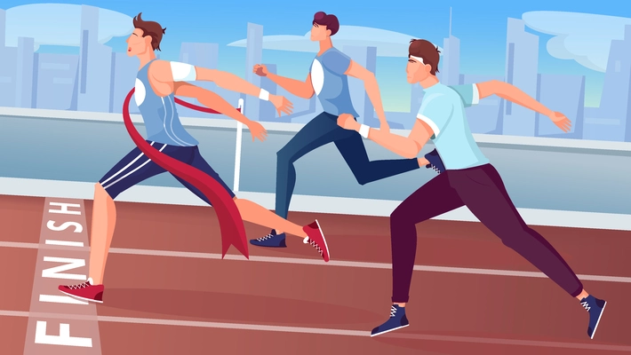 Winner finish flat composition with view of outdoor race track with cityscape and running athlete characters vector illustration