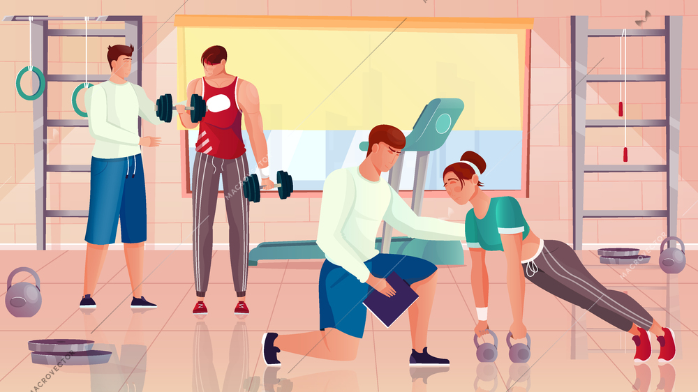 Bodybuilding trainer flat composition with indoor gym interior characters of trainers and athletes with gymnastic apparatus vector illustration