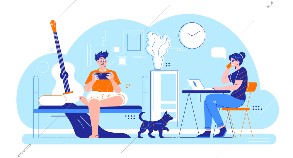 Man woman daily routine composition with home interior living room scenery and loving couple with dog vector illustration