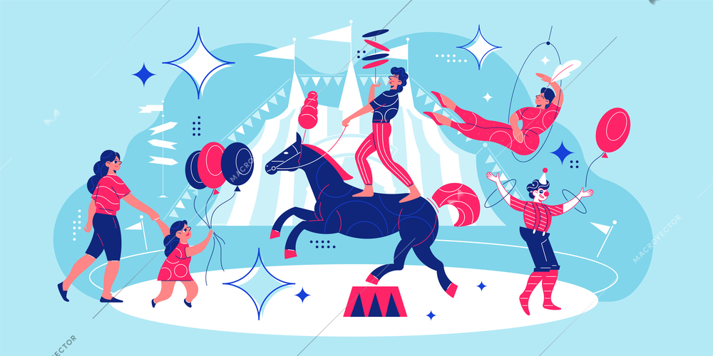 Circus funfair composition with dancing clowns equilibrist on prancing horse and mother with girl holding balloons vector illustration