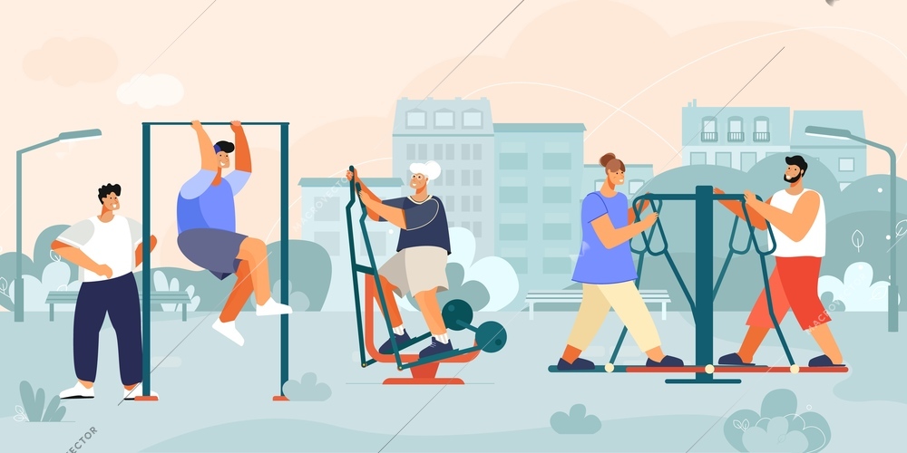 Outdoor exercise machines composition with urban park landscape with houses and public workout equipment with people vector illustration