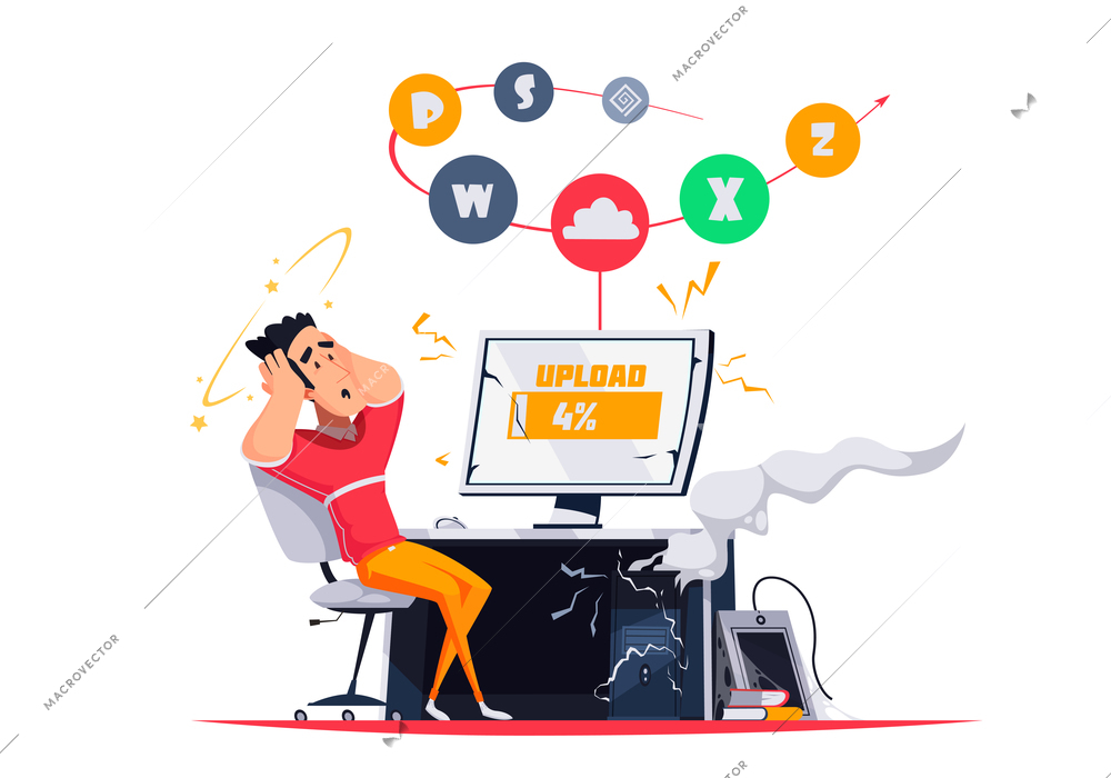 Microstock upload process composition with stock designer in front of computer vector illustration
