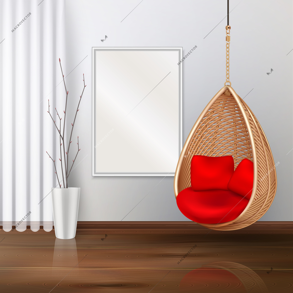 Wicker hanging swing chair interior realistic composition with indoor scenery and soft lounge with red pillows vector illustration