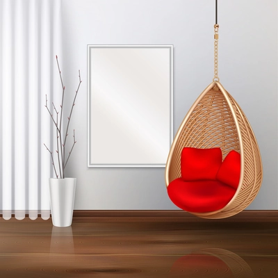 Wicker hanging swing chair interior realistic composition with indoor scenery and soft lounge with red pillows vector illustration