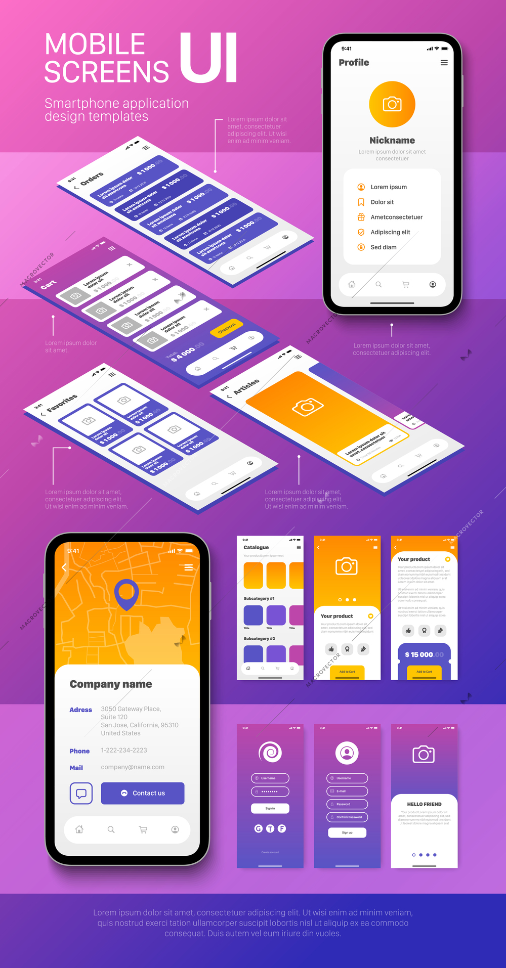 Flat vertical poster illustrated smartphone screens with design templates of user interfaces for mobile applications vector illustration