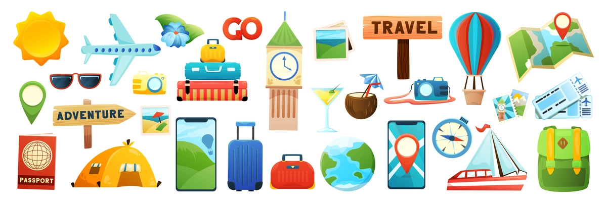Travel flat icons set with air and sea transport world map suitcase famous architecture landmark isolated vector illustration