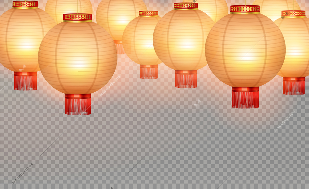 Chinese lanterns realistic transparent background with yellow round air balloon on transparent fond vector illustration