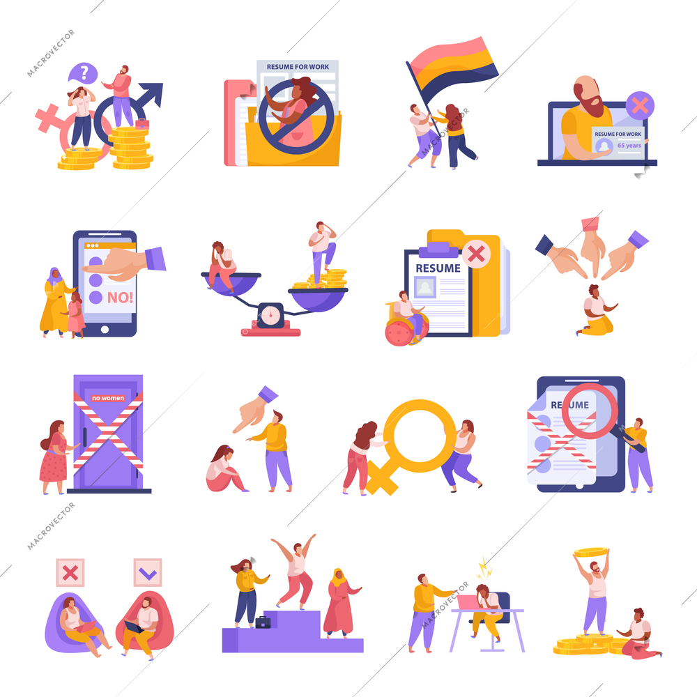 Discrimination flat icons set with gender pay gap racism age national origin employment problems isolated vector illustration